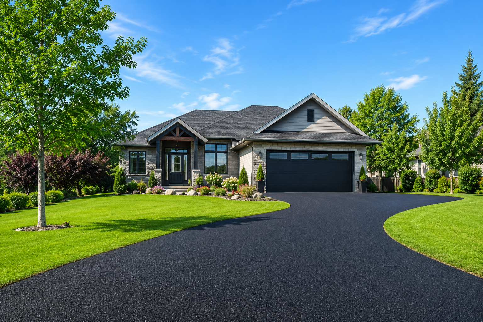 Modern home with a newly finished black driveway